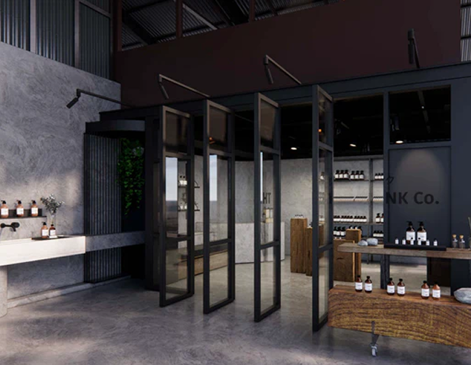 Overthink store interior with brick shelving